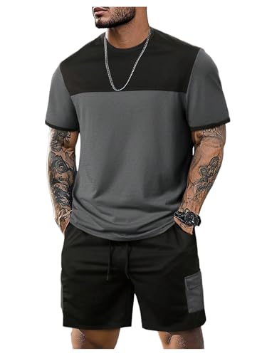 GORGLITTER Men's 2 Piece Color Block Tracksuit Short Sleeve Tee Top Flap Pocket Cargo Shorts Sets