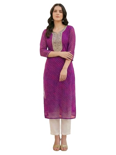 Image of INDO ERA Women's Georgette Leheriya Printed Straight Calf Length Kurtas (IEAI12232)