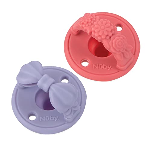 Nuby 3-D Sili Soother Pacifiers with Soft Handle and Two Safety Air Holes, 2 Pack, 0+ Months, Purple Bow and Pink Flowers