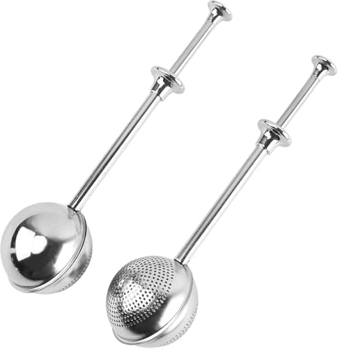 2 Pack Tea Balls for Loose Tea,Teapot Sugar Flour Sifters,Ball Shape Push Style Stainless Steel Strainer Infusers Cup,Long Handle Ball for Teapot Cup (1 Half Hole + 1 Full Hole)