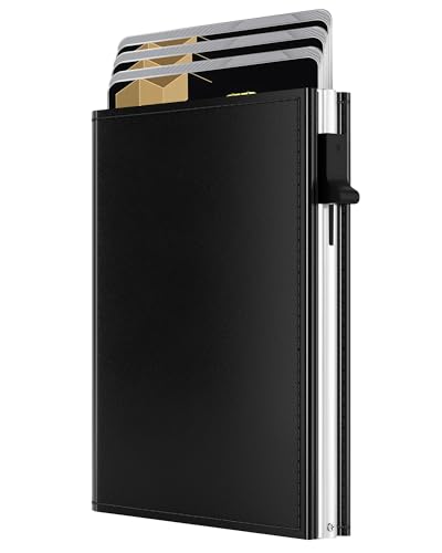 Image of QLD Mens Wallet Card Holder - RFID Blocking Wallet for Men, Pop Up Aluminum Case, Trifold, Leather, Smart, Slim, Minimalist, Front Pocket - 9-11 Card Capacity | ID Window | Cash Slot