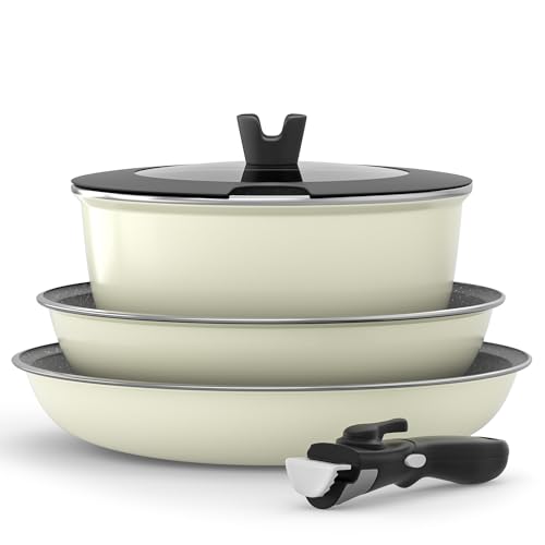 Juego de 6 Sartenes antiadherentes con Mango Extraíble, Menaje de Cocina con Tapas, Para Todo Tipo de Cocinas y Horno, apto Lavavajillas y Horno, Libre PFOA - Leche blanca