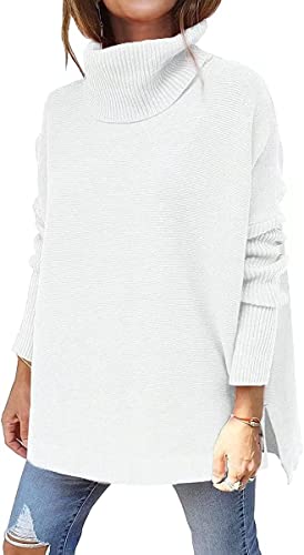 Damen Rollkragenpullover Strickpullover Lange Fledermausärmel Pullover Oversize Strickpulli Langarm Einfarbig Casual Sweater Strickoberteile, Seitlich geteilt (White,M) Cover