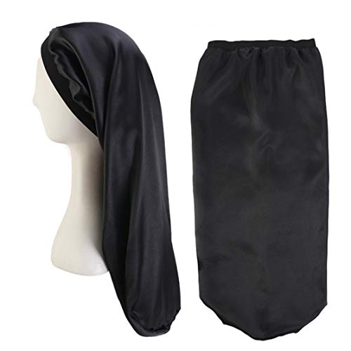 Babyku Black Satin Sleep Cap for Long Hair, Extra Long Bonnet for Braids Hair Loose Cap Bonnets for Women Dreadlocks, Curly Hair, Soft Elastic Band (Black)