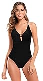 SHEKINI Damen Einteilige Badeanzug Raffung Verstellbar Bauchweg Bademode Kreuz Schnürung Rückenfrei Monokini Strandmode(XL,Schwarz)