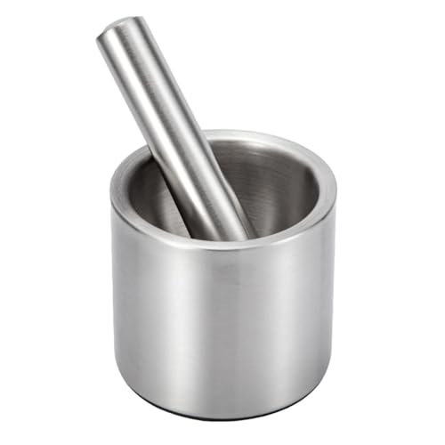 Abaodam Mortero y Mano de Acero Inoxidable Plateado para Machacar Ajo y Especias, Práctico Mortero Cilíndrico Base Antideslizante, Utensilio de Cocina Manual Adecuado para Condimentos
