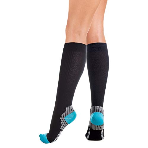 Calcetines de compresión médicos de rodilla con la parte que sostiene el tendón de Aquiles UNISEX con fuerza de compresión de algodón 18-22 mmHg Negro-Azul Small