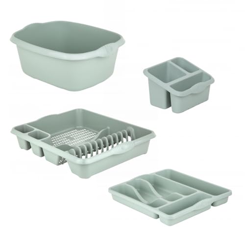 Aurora - Plastic Rectangular Washing Up Bowl, Large Dish Drainer Rack Plate Holder Kitchen Sink, Large Sink Tidy Cutlery Drainer Holder Caddy & Cutlery Tray Organizer Set of 4. (Silver Sage)