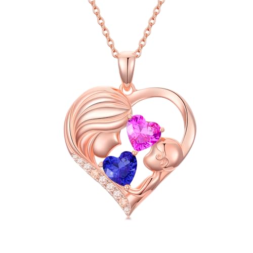 Birthday Gifts for Her Women Rose Gold Plated Mother Daughter Heart Pendant Necklace with 12 Months Mothers Day Gifts for Mom Birthstone Anniversarry Jewelry for Mom Wife Girlfriend