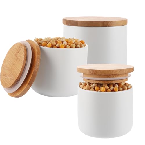 Oungy Lot De 3 Boîtes à Sucre en Céramique Hermétique 260ml/9 oz Boite a The Avec Couvercle en bambou Pot à Thé,Café Pour Sel, Sucre, Café, Thé,...