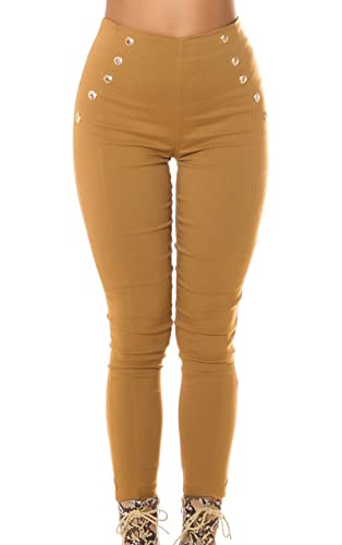 Skinny Business - Leggings de cintura alta con botones decorativos, beige, S-M
