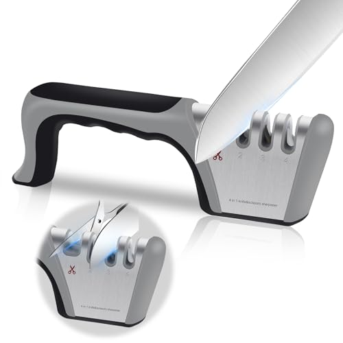 TNOMSNO Afilador Cuchillos, 4 en 1 y con Mango Ergonómico Afilador de Cuchillos Profesional, Afilador de Cuchillos para Afilar y Pulir Cuchillos para Cuchillos de Cocina y Tijeras