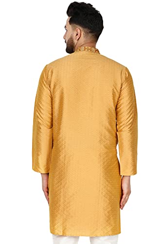 SKAVIJ Men's Art Silk Kurta Wedding Party Casual Long Shirt Dress (Small, Gold)2