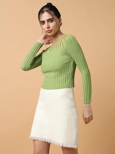 Image of ICW Women Knitted Rhinestone Embellised Daimond Studded Mesh Round Neck Long Sleeve Crop Top T-Shirt 206