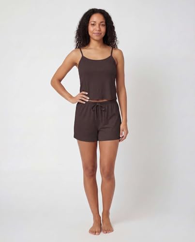 Image of Real Essentials 2 Pack: Women's Ribbed Cropped Cami and Short Set Pajama Sleep Lounge Sleepwear PJ Soft Drawstring Shorts