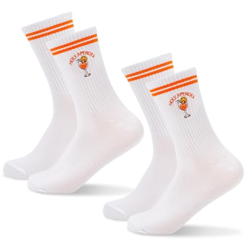 Bafiwu Aperol Geschenke Frau 2 Paar Aperol Socken Damen 36-42 Socken Aperol Spritz Damen Lustige Tennissocken mit Motiv Witzige Sportsocken Holy Aperoli Kostüm Accessoires
