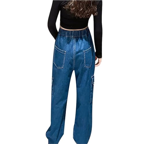 FEESHOW Kids Girls Casual Loose Washed Denim Cargo Pants High Waist Wide-Leg Jeans Trousers with Pocket2