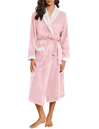 Ekouaer Robes for Women Soft Long Bathrobe Lightweight Fleece Shawl Collar Spa Robe Cozy Sleepwear with Pockets S-XXL