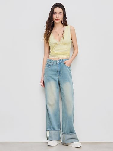 Image of CIDER Lace Crop Tank Tops for Women Going Out V Neck Sleeveless Ruched Tops Trendy Y2K Summer Outfits
