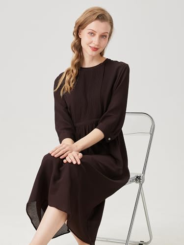 Spring Women's Casual 3/4 Sleeve Dress Mulberry Silk Flowy Dresses Crew Neck Relaxed-Fit Midi Dress4