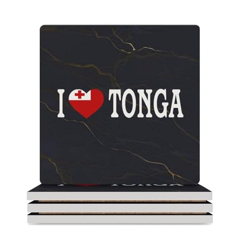 I Love Tonga Lot de 4 dessous de verre pour boissons, motif drapeau national des Tonga, dessous de verre en céramique pour protection de table, décoration de table basse pour la maison et la cuisine