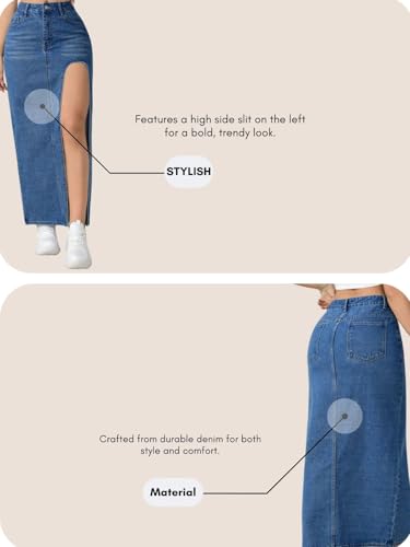 Image of GRECIILOOKS Women's High Waist Denim Skirt with Front Slit - Long Maxi Jean Skirt Casual Fashion - Stylish Denim Skirts for Women