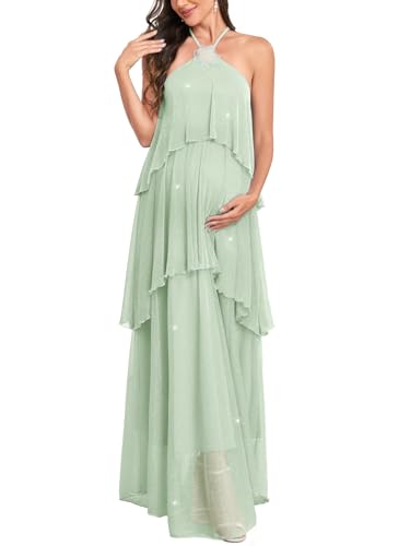 Image of AISWI Maternity Halter Neck Maxi Dress Sparkly Mesh Tiered Ruffle Pregnancy Gown with Flower for Baby Shower Photoshoot