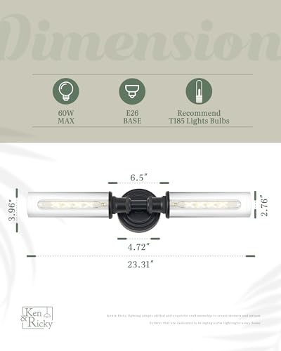 Image of Ken & Ricky Hardwired Modern 24 inch Wall Sconces Set of Two, Black | Clear Glass,Easy Install,Sconces Decor，2PK,Wall Light fixtures for Bathroom Mirror Living Room Hallway Bedroom