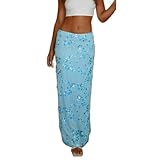 Women Y2K Sequin Long Skirt Sparkle Rhinestone Floral Maxi Skirt High Waist Glitter Midi Skirt Going Out Blue
