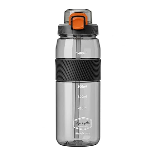 Image of Atarangi 1500ml Motivational Water Bottle with Straw & Time Marker | Leak Proof Tritan Plastic Sipper Bottle with Lock & Handle | Large Capacity Gym Bottle for Men Women Kids | Black & Orange