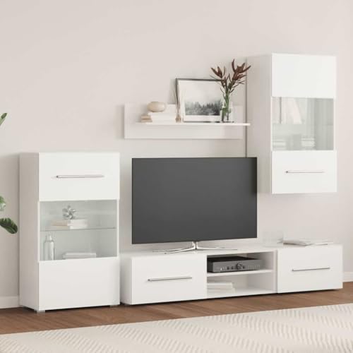 Hommdiy Fünfteilige Wohnwand TV-Schrank mit LED-Beleuchtung Weiß