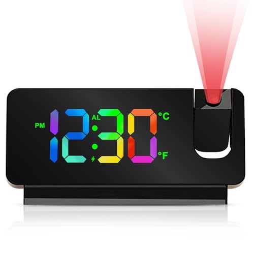 BYZESTY Wecker Digital mit Projektion, Projektionswecker 180 °, Digitaler Wecker mit Temperatur, Datum, 12/24HR, USB Aufladbarer, Projektionsuhr für Schlafzimmer (schwarz)