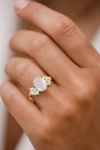 Designer Ring with Central Oval-Cut Natural Black Opal Gemstone and Baguette and Round Cut Side Stone for Women in 14K Yellow Gold Plated | Wedding, Anniversary, Promise Rings for Her3