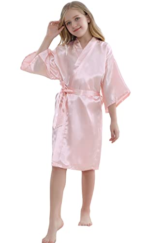 Morforu Girls Kids Solid Color Silky Satin Kimono Robe For Wedding Spa Party, Short (Pink, Tag 6) #TOP11