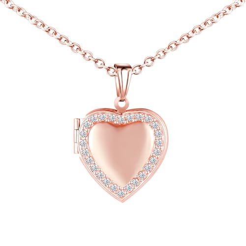 MICMIF Collar Medallón de Corazón con Circonia, Colgante Corazón Imagen para Foto Personalizada, Acero Inoxidable con Cadena 50 cm, Joyería Regalos para Novia Esposa Mamá