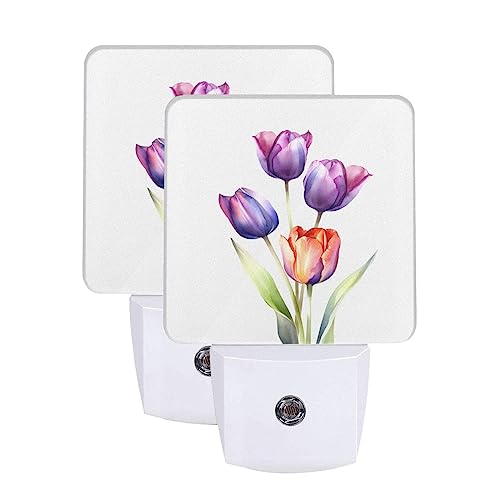 Image of White and Black Cats Kitten Night Light 2-Pack, LED Plug-in Auto Sensor Floral Nightlights Set of 2 for Bedroom Bathroom Stairs