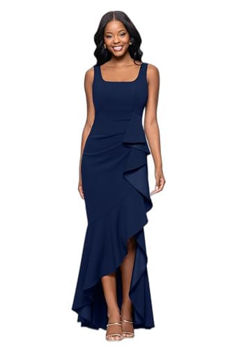 Image of Betsy & Adam Women's Floor-Length, Sleeveless, Ruffle Detail, with Mermaid Silhouette