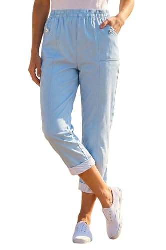 Roman Cropped Stretch Trouser for Women UK - Ladies Capri Pants Summer Leggings 3/4 Three Quarter Pedal Pusher Elasticated Waist Cut Off Contrast Detail Pull On Work - Sky Blue - Size 14