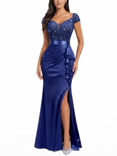 Image of Miusol Women's Vintage V-Neck Slim Ruffle Split Evening Formal Maxi Dress