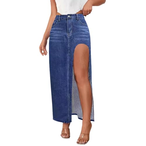High Waist Long Skirt Button Zipper Denim Women Maxi Side Slit2