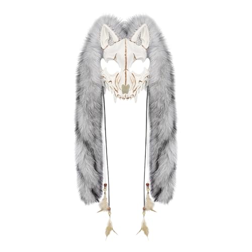 Gissroys Máscara de zorros de piel sintética, disfraz de hombre lobo disfraz de cosplay, accesorio peludo para Halloween, carnivales, fiesta temática, piel sintética, zorros vikingos