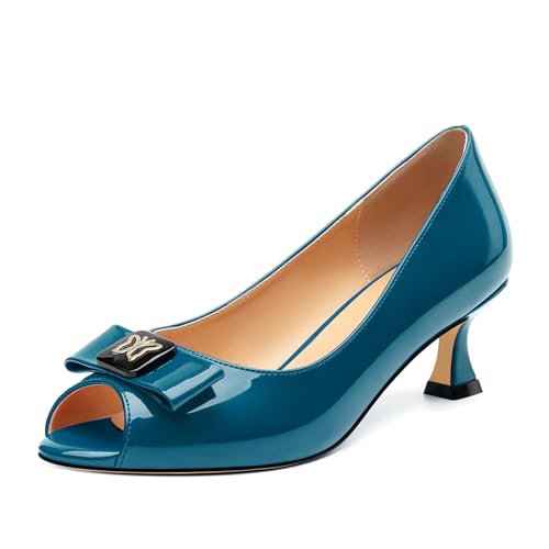 Womens Dress Peep Toe Patent Open Toe Slip On Dating ，Patent Slip On Bow Round Toe Bow Decorated Kitten Low Heel Pumps Shoes 2 Inch