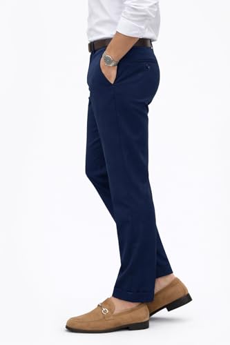 Image of DENRO Men's Slim Fit Cotton Stretch Trousers | Smart Casual & Workwear Pants for Office Use | 98% Cotton 2% Spandex Fabric | Mid-Rise Tailored Fit | Sizes 28-38