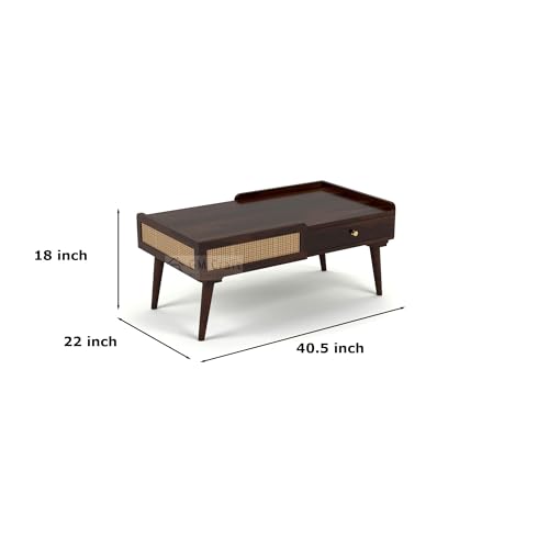 Image of Solid Sheesham Wood Coffee Table for Living Room | Centre Table with Storage Drawer & Cane Work | Modern Wooden Table for Home Office | 40.5x22x18 Inch | Walnut Finish