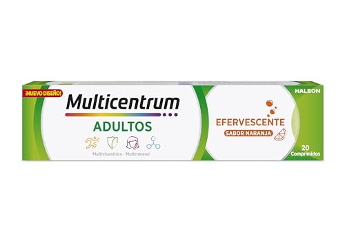 Multicentrum Complemento Alimenticio Multivitamínico y Multimineral Para Adultos, Tabletas Efervescentes, Sabor Naranja, Sin Gluten, 20 Comprimidos