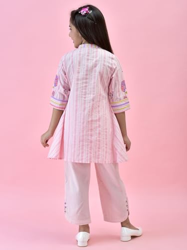 Image of Juniper Girls' Mint Floral Co-ord Set - High-Low Printed Shirt & Solid Cotton Pants