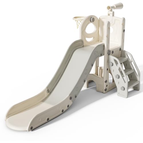 Image of w-nest 6 in 1 Toddler Slide for Toddlers Age 1-3, Extra-Long Slide with Basketball Hoop Indoor and Outdoor Baby Climber Playset Playground Freestanding Slide (Small, White+Grey)