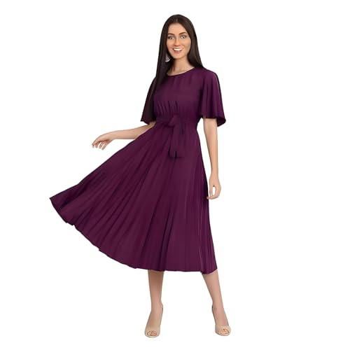 Image of KUDUZO Women's Crepe Long Pleated Below Knee Length Flutter Sleeve Round Neck S to XL Maxi Dress for Girls. (EG-U0IM-B9A1)