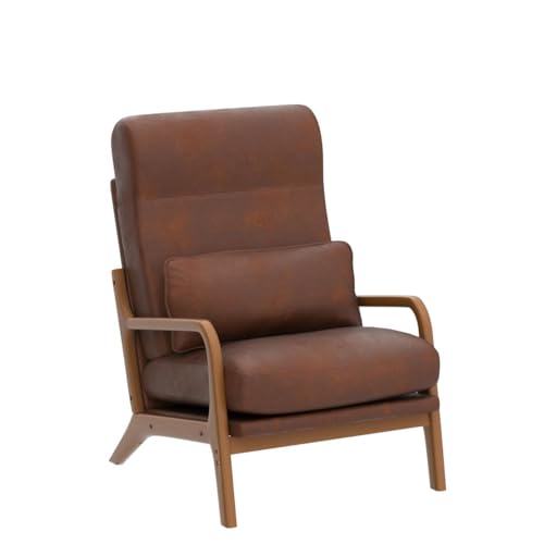 Image of Karl home Accent Chair High Back Mid-Century Modern, Brown | Bronzing Cloth Upholstered, Walnut Color Solid Rubber Wood Frame, Soft Cushion with Pillow, For Living Room, Bedroom, Balcony