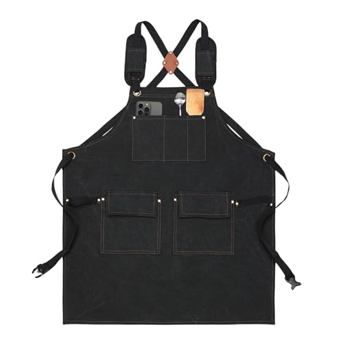 Delantal de Trabajo | Accesorios de Cocina Ajustable Impermeable | Delantal Para Taller Resistente Al Agua Con Bolsillo Y Tirantes Cruzados - Para Hombre Mujer Cocinar Parrilla Día De La Madre